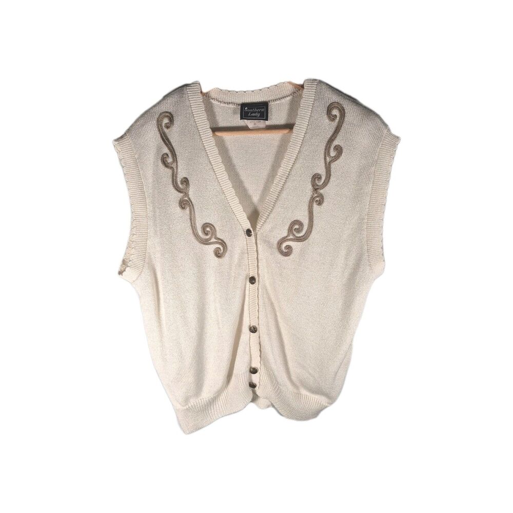 VINTAGE SOUTHERN LADY CREAM SLEEVELESS ACRYLIC/NYLON BLEND SWEATER VEST
